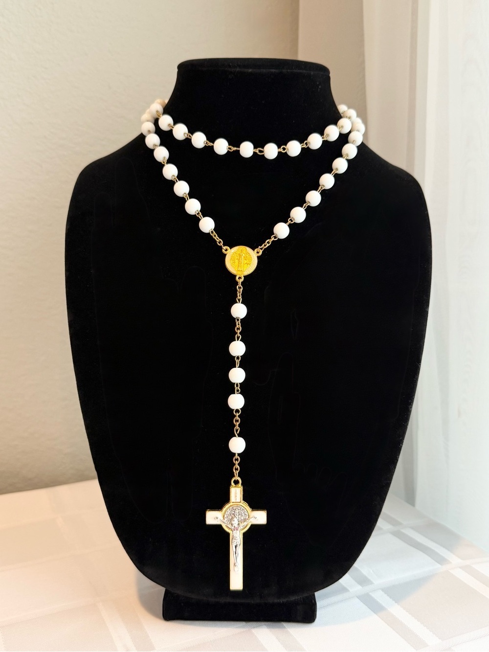 Saint Benedict White and Gold Prayer Rosary